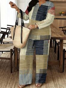 1 Set Retro Attribute Woven Fabric Soft & Skin-Friendly Women's Casual Travel Summer Birthday Gift Khaki-Blue Plaid Patchwork Print Women's Plus Size Two-Piece Set - 彩色 - 查看 2