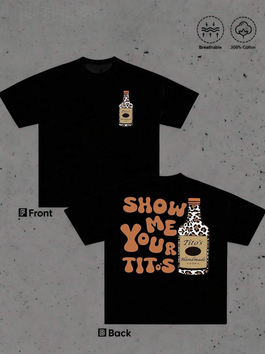 1pcs Men's Graphic TShirt Tito's Vodka Bottle Double Sided Print T Shirt Leopard Print Theme 100% Cotton Retro Tee Cool Casual Short Sleeve T Shirt Perfect Gift Summer Show Me Your Tito's Slogan Statement Tee - 黑色 - 查看 1