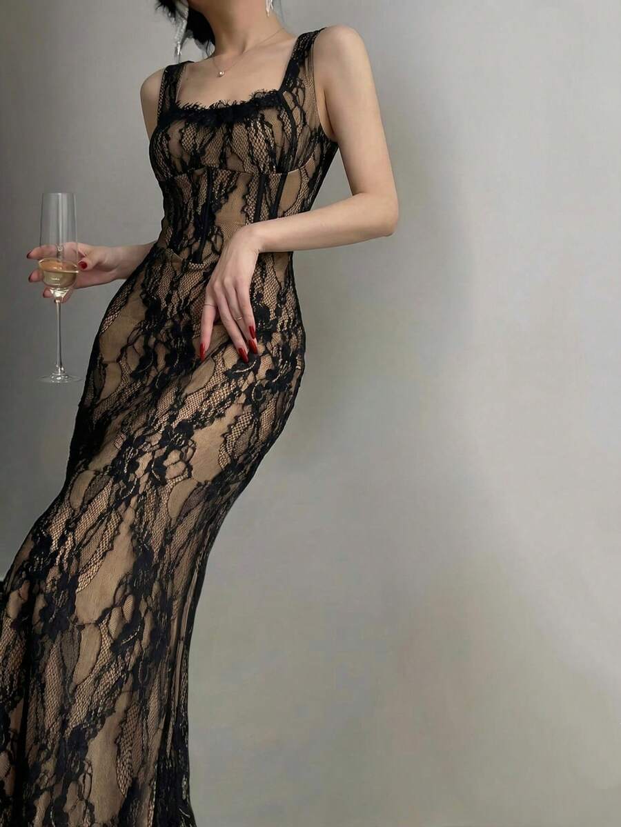 Vestido de encaje elegante para fiesta de mujer, vestido formal de cuello cuadrado sin mangas, adecuado para invitados de boda, banquetes, cócteles - Negro - Ver 1