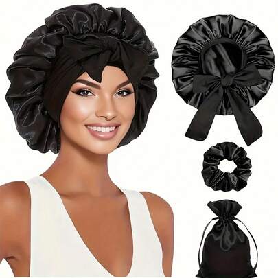 3pcs/Set, 16 Usages. Tie-Up Sleep Cap Set - Women's Sleep Cap Suitable For Curly Hair & Braids, Soft & Comfortable Sleep Cap, Sleep Cap For Sleeping, Anti-Static Sleep Cap, Shower Cap