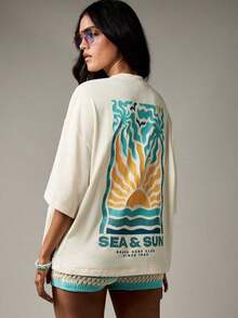 Beach Surf Club Sea Sun Oversized Tee Retro Summer Graphic Tropical Palm Tree Wave Vintage Style Resort Vacation Sunset Design California Vibes Casual Comfort - Màu be - Xem 5