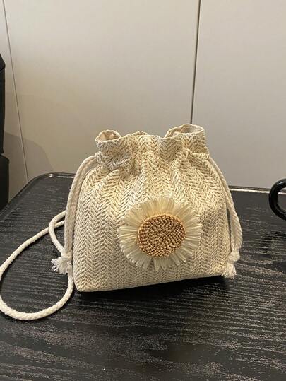 1pc Girls' Sunflower Decor Solid Color Woven Paper Drawstring Crossbody Bag, Suitable For Spring/Summer Daily & Vacation Use