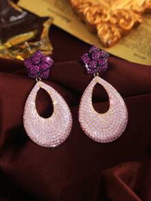 1 Pair Statement Luxury Pink Cubic Zirconia Pave Flower Drop Long Bold Engagement Wedding Bridal Party Earrings For Women Jewelry - Pink - View 7