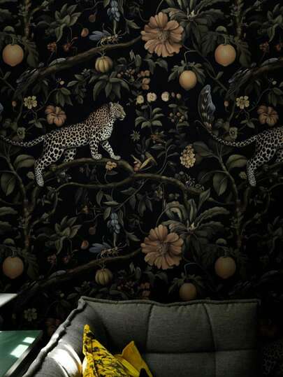 Exotic Leopard And Jungle Fruits Wallpaper Bold Dark Floral Peel And Stick Mural Tropical Animal And Nature Wall Mural