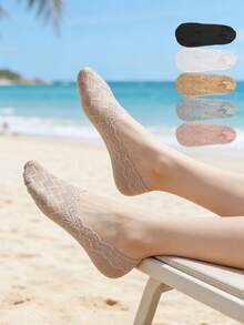 1/5/10 Pairs Of Women's Spring And Summer Lightweight Moisture Absorbing Breathable Lace Ripple Lace Boat Socks - Multicolor - View 2