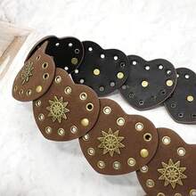 Women's Boho Western Waist Belt - Vintage Hollow Wide Disc Leather Belt With Cowboy Metal Buckle & Concho, Versatile Retro Waist Accessory - màu đen - Xem 9