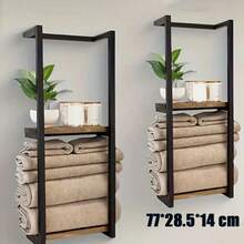 Wall Mounted Towel Rack Metal Storage Shelf Holder Rail-Bathroom Organizer Black - Black - View 3