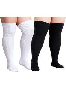 Women Plus Size Thigh High Socks Knit Over The Knee Stocking Party & Daily - Black+White - View 2
