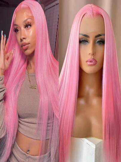 Pink Straight Synthetic Wig Silk Long Straight Pink Hair Lace Front Wigs Natual Hairline Pink Lace Hair For Women Cosplay Wear