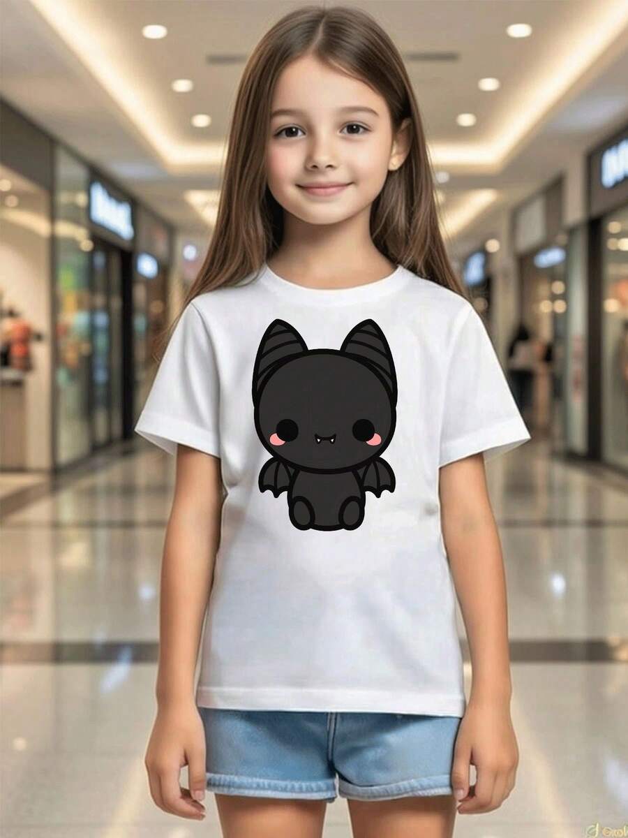 Linda playera casual para niña con estampado de murciélago, moda infantil para actividades diarias y exteriores | ropa de niña, ropa de niño, conjuntos para niña - Blanco - Ver 1