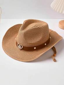 女士水钻心形西部牛仔帽，宽檐透气遮阳帽，适合夏季海滩度假和户外活动 - 愛心珍珠草邊帽 - 查看 9