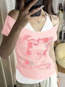 LYSEE PETITE 女士 Y2K 婴儿T恤 - 粉色，露肩吊带，两层叠穿设计，花卉字母图案，褶皱下摆休闲款 - 粉色 - 查看 7