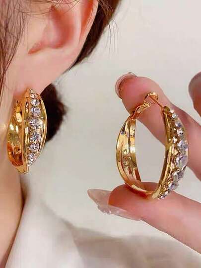 1 par de pendientes de aro con strass de moda, pendientes circulares versátiles y de lujo para mujeres