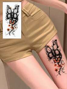 1pc Fashionable Butterfly & Flower Design Temporary Tattoo, Floral Print, Butterfly Pattern Temporary Tattoo Sticker, Unisex Body Art Tattoo, Waterproof Sweatproof Suitable For Arms, Hands, Abdomen And Feet - , Easy To Apply And Remove, Lasts 7-14 Days, Beach Party Accessory Sticker DIY Gift - Multicolor - View 2
