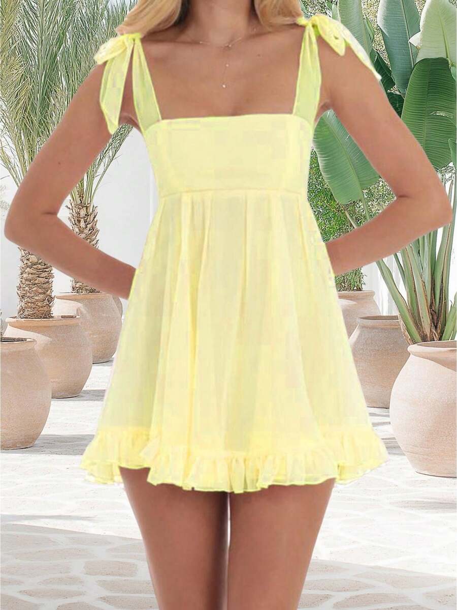 Women Y2k Cute Babydoll Mini Dress Corset Lace Patchwork Sleeveless Ruffled A-Line Flowy Short Dress Beach Streetwear - 黃色 - 查看 1
