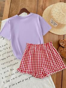 2PCS Teen Girl Tops And Plaid Shorts(Random Cropping),Creative Print Graphic Shorts Outfit Set,Soft Set For Girl,Suitable For Spring/Summer,Daily Wear - Purple - View 3