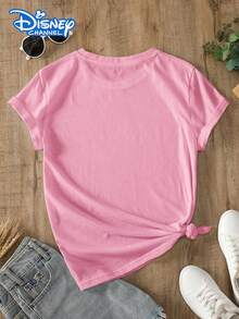 This Disney Women's T-Shirt Features A Creative Stitch Heart Print. Made Of Soft, Comfortable, And Durable Fabric, This Spring/Summer Round-Neck T-Shirt Is Suitable For Everyday Wear, Shopping, Parties, And Is Also A Great Everyday Outfit Or Gift. - Hồng - Xem 2