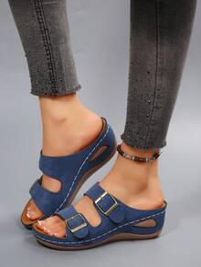 1 par de sandalias de plataforma cómodas de estilo bohemio con suela gruesa para vacaciones en la playa y uso al aire libre, sandalias de cuña de verano de moda casual para mujer - Azul Marino - Ver 4
