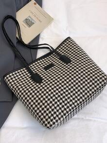 Houndstooth Large Capacity Shoulder Bag, Fashionable Minimalist Tote Bag, Versatile For Commuting And Daily Use - Black - View 5