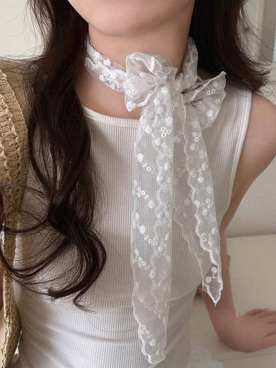1件柔软优雅蕾丝花卉刺绣时尚发带/腕带/围巾，适合女性办公室穿着 - 白色 - 查看 1