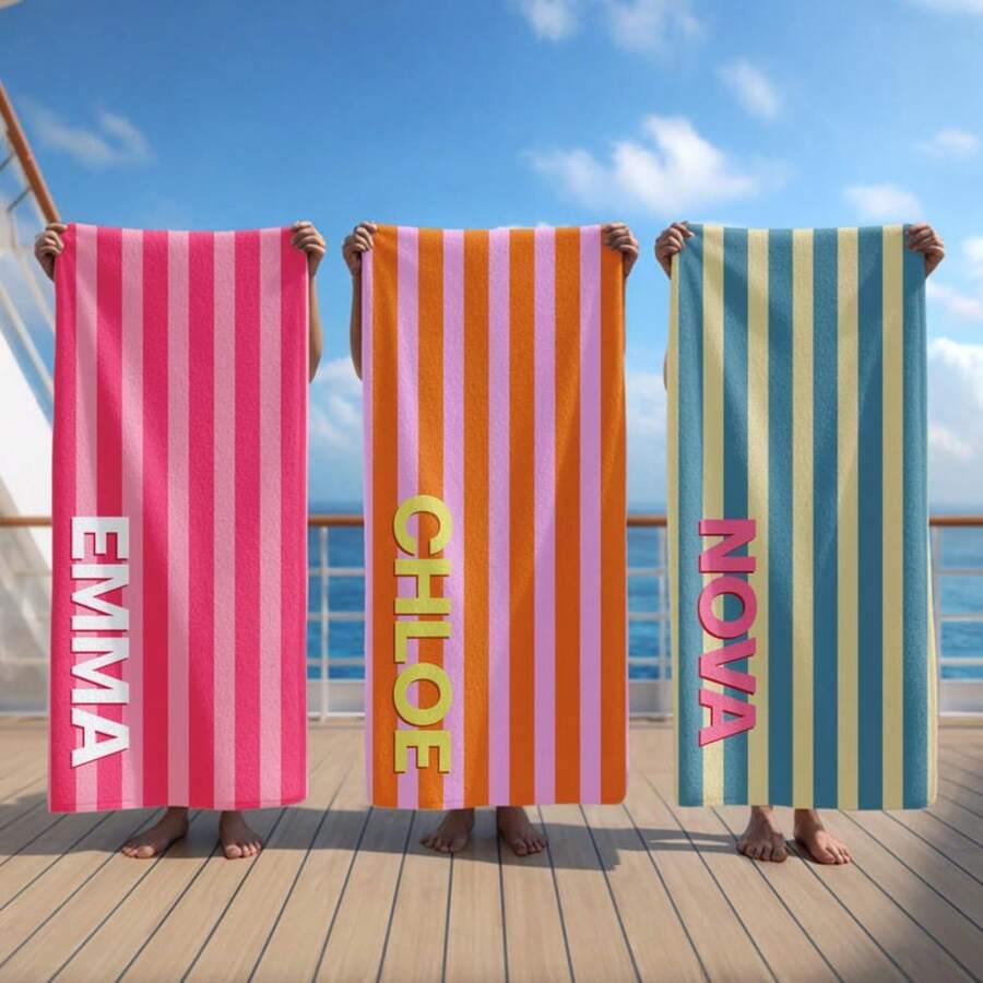 1pc 29″X58″ 31″X71″ Personalized Beach Towels, Custom Beach Towel, Striped Beach Towel, Vacation Gift, Bachelorette Bridesmaid Gifts, Girls Trip Towel, Birthday Anniversary Engagement Wedding Valentine Day Mother's Day Wedding Vacation Gift - White - View 1