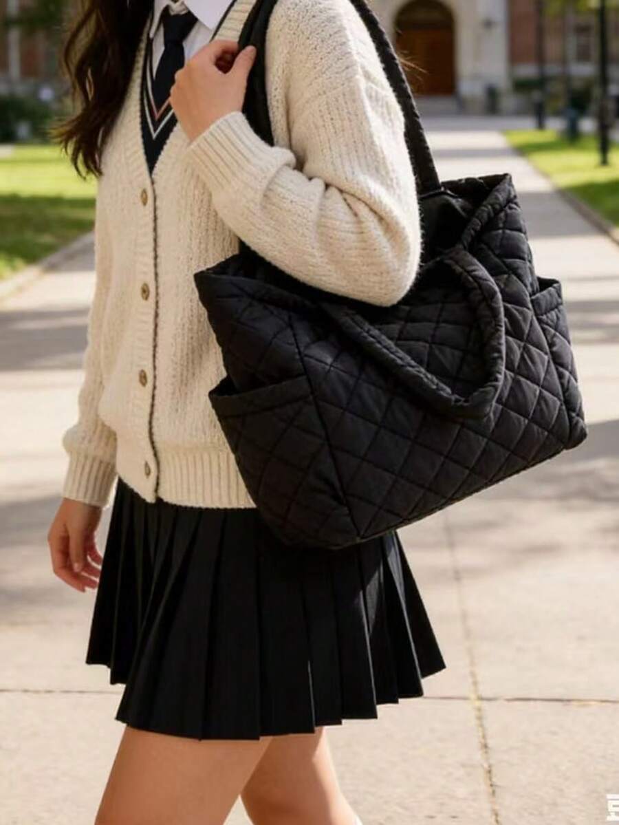 女士绗缝手提包，大容量单肩包，带侧袋，轻便尼龙手提包，适合旅行、健身、工作、购物，便捷的绗缝单肩包，是您旅行、健身、工作、购物的理想之选。 - 黑色 - 查看 1