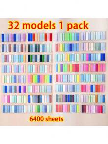 6400pcs, 32 Styles/Pack - Retro European Fluorescent PET Sticky Notes, Morandic Color Tones, Soft Hues And Vintage Colors, Transparent Index Tabs For Easy Organization - Multicolor - View 6