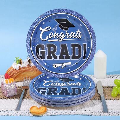 10 قطعة / 20 قطعة / 50 قطعة ، لوازم حفلة تخرج الفئة 2026 - أطباق ورقية يمكن التخلص منها بقطر 9 بوصة باللونين الأزرق والأسود للتهنئة والديكورات والهدايا الخاصة بالتخرج، ديكورات التخرج باللونين الأزرق والأسود