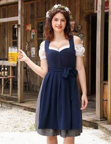 MODISFRAU Dirndl Damen Midi Trachtenkleid Jacquar Trachtenmode Dirndlkleid inkl. Dirndlbluse Dirndlschürze 3 teilig für Oktoberfest Besondere Anlässe - marineblau - Übersicht 4