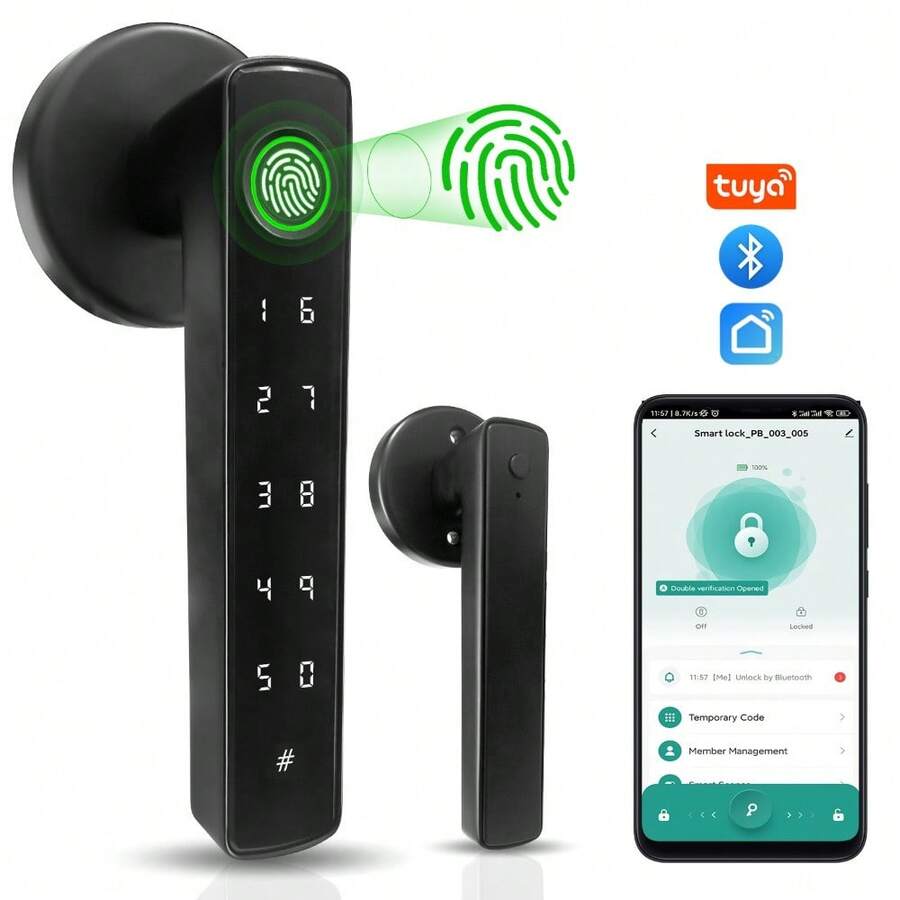 YFK Tuya Smart Four-In-One Door Lock - Fingerprint, Password, Key, APP, Unlock, Heavy-Duty Aluminum Alloy, Universal Left And Right Door Handle, Suitable For Apartment And Hotel Doors - 4-in-1 Double Door Handle Lock (Password, Fingerprint, Key, App) - View 1