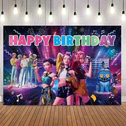1件正版K-POP女团主题生日派对装饰背景布（210*150/150*100/100*75厘米），适用于婴儿派对、蛋糕桌派对装饰、摄影棚背景展示架道具