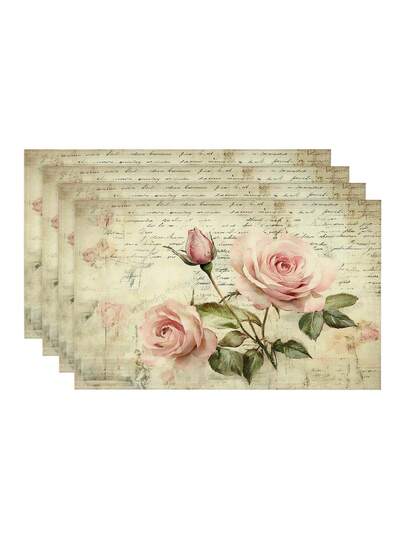 4pcs/6pcs Vintage Pink Rose Home Decor, Rose Pattern Rectangular Placemats, Washable, Suitable For Family Dinner, Coffee Table, Durable Kitchen And Dining Room Decoration, Tabletop Decor And Scene Decoration, Home Decor
