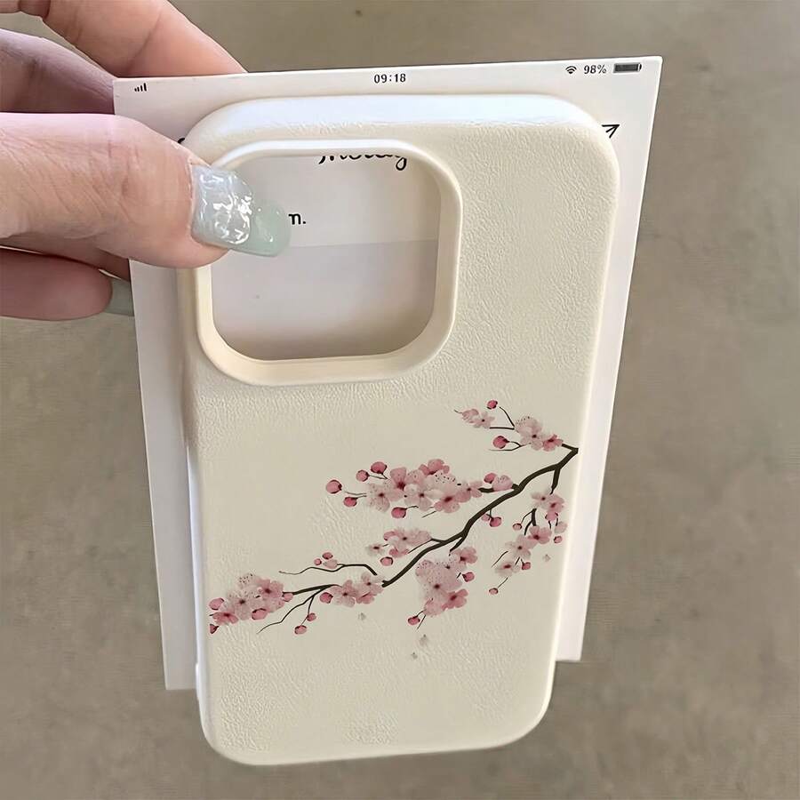 花朵图案白色荔枝纹理哑光极简镜头保护手机壳，梅花图案，适用于 16 Pro Max、17/16/15/14 Plus、13/12/11、Air 及系列，国际版，非国内版 - 彩色 - 查看 1