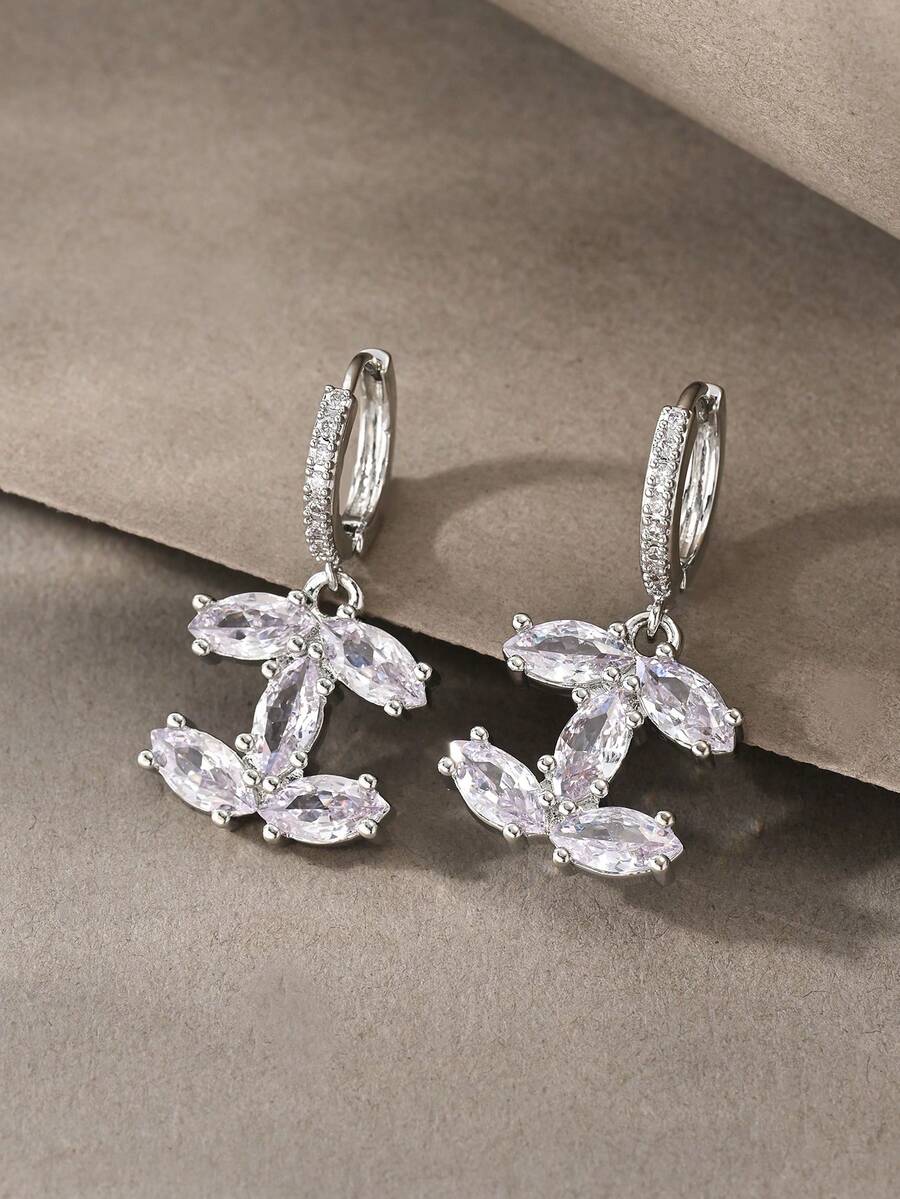 1 Pair Silver Earrings, Fashionable Elegant Minimalist Luxury 925 Sterling Silver & Copper Cubic Zirconia Pendant Earrings, Suitable For Women's Daily Wear - Silver - View 1