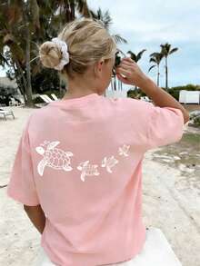 Tween Girl Turtle Print T-Shirt, Soft And Comfortable Fabric Summer Top, Suitable For Girls' Daily Wear And Vacation Style - Pink - View 4