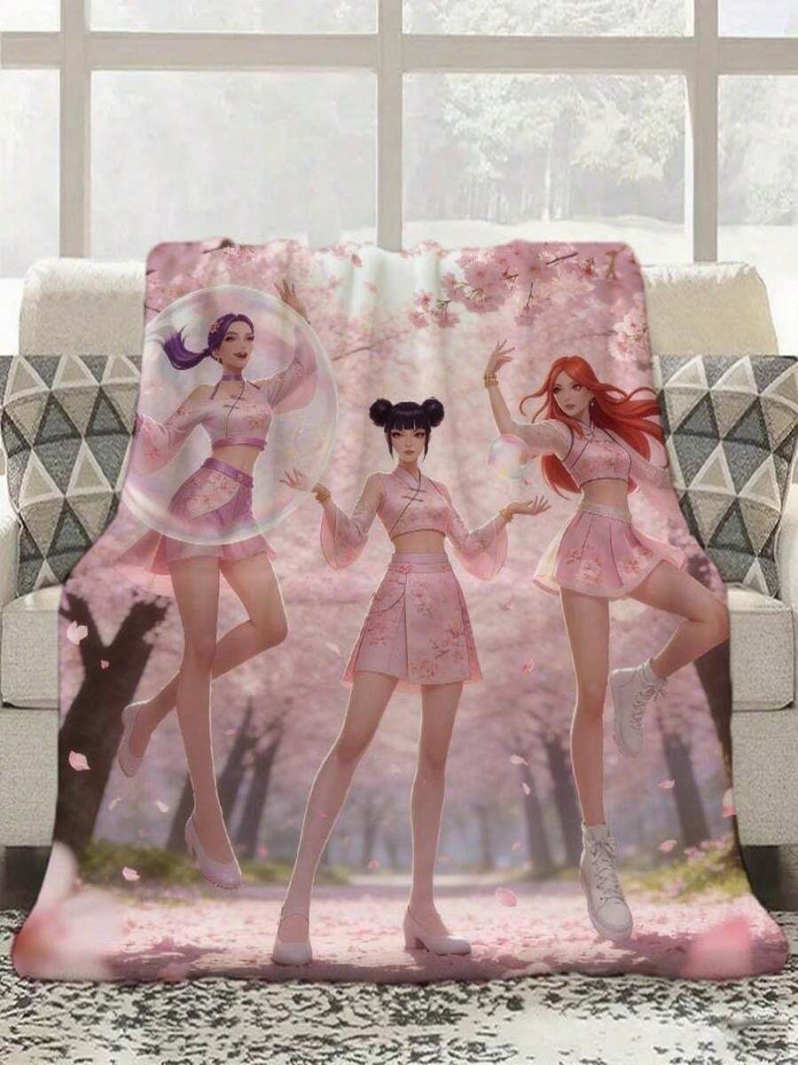 A K-Pop Girl Group Cherry Blossom Hanfu  Poster Printed Flannel Blanket, Soft And Warm, Suitable For All Seasons, Including Sofas, Beds, And Camping Trips - Home Decor Gift - White - View 1