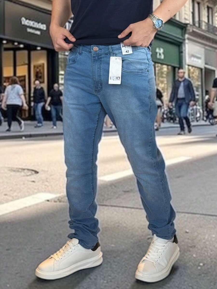 Men's Slim Fit Denim Jeans With Elastane And Lycra - 潔淨藍 - 查看 1