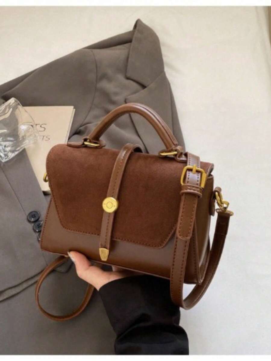 Small Women's Patchwork Suede Bag, Sophisticated Design, Versatile Crossbody [Xs-123] - 鏽棕色 - 查看 1