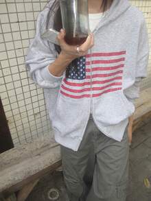 休闲宽松拉链卫衣外套，复古美式街头风春季款 - 灰色 - 查看 3