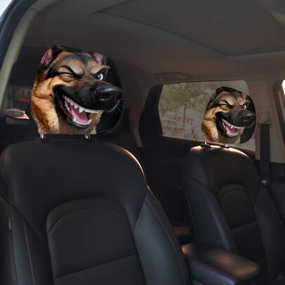 Cartoon German Shepherd Dog Pattern Car Headrest Cover, Made Of Elastic Material, Washable And Easy To Install, Suitable For Daily Commuting And Driving, Designed With Fun And Cartoon Style Pattern, Durable Fabric, Soft And Comfortable Lining, Ideal For Commuters And Pet Lovers.