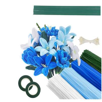 421pcs Blue Tone Pipe Cleaner Flower Set, 4 Mixed Colors Pipe Cleaners, Suitable For Handmade Bouquets, Party Decorations And Gift Packaging, Soft Stems Ideal For DIY Floral Craft Kits, Including Gardening Tape And Stamens (Blue Series)