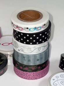 One Roll Of Korean Handmade Stationery And Drawing Tape, Featuring Star-Shaped Glasses, Polka Dots, And Black Pattern Decorations For Collage. DIY Craft Material Tape Roll, Suitable For Decorating Books And Students With Leopard Print. - Roll - View 3