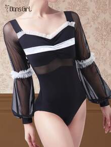 DonsGirl 1 Piece Women's Elegant Ballet Leotard Stretch Mesh& Velvet Patchwork Design Bodysuit For Dance Costume Stage Performance Daily Wear - Black - View 12