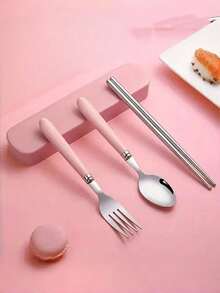 3pcs Portable Cutlery Set, Stainless Steel Reusable Utensils, Suitable For Picnic, Camping, Travel, Home, Kitchen, Dining, Student, Holiday Gift, Back To School, Office - Multicolor - View 4