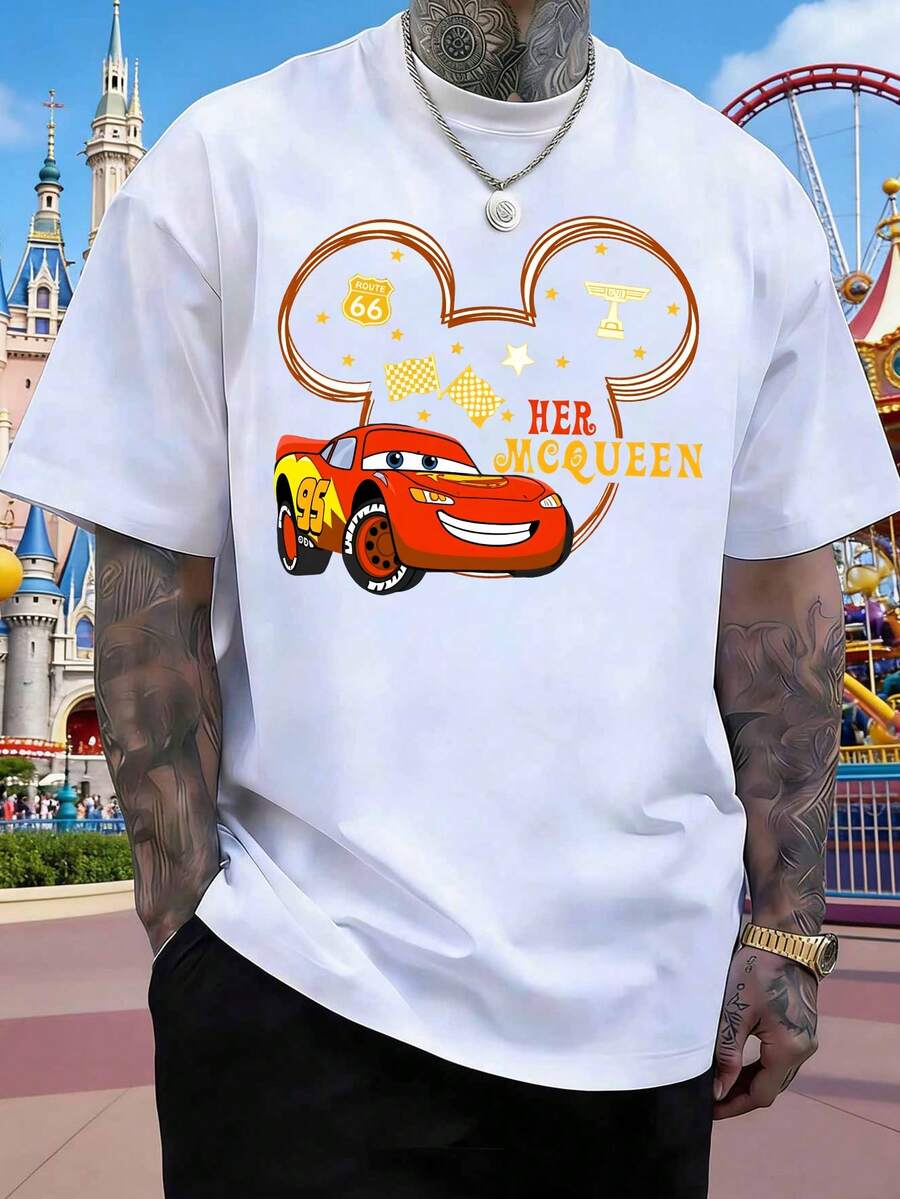 Disney Cars Lightning McQueen Mickey Mouse Head Design T-Shirt, Casual Loose Crew Neck Men's Short-Sleeved Top, Couple's Style, Suitable For Outings, Outdoor Sports, Parties, Dates, And More Men Clothes. - White - View 1