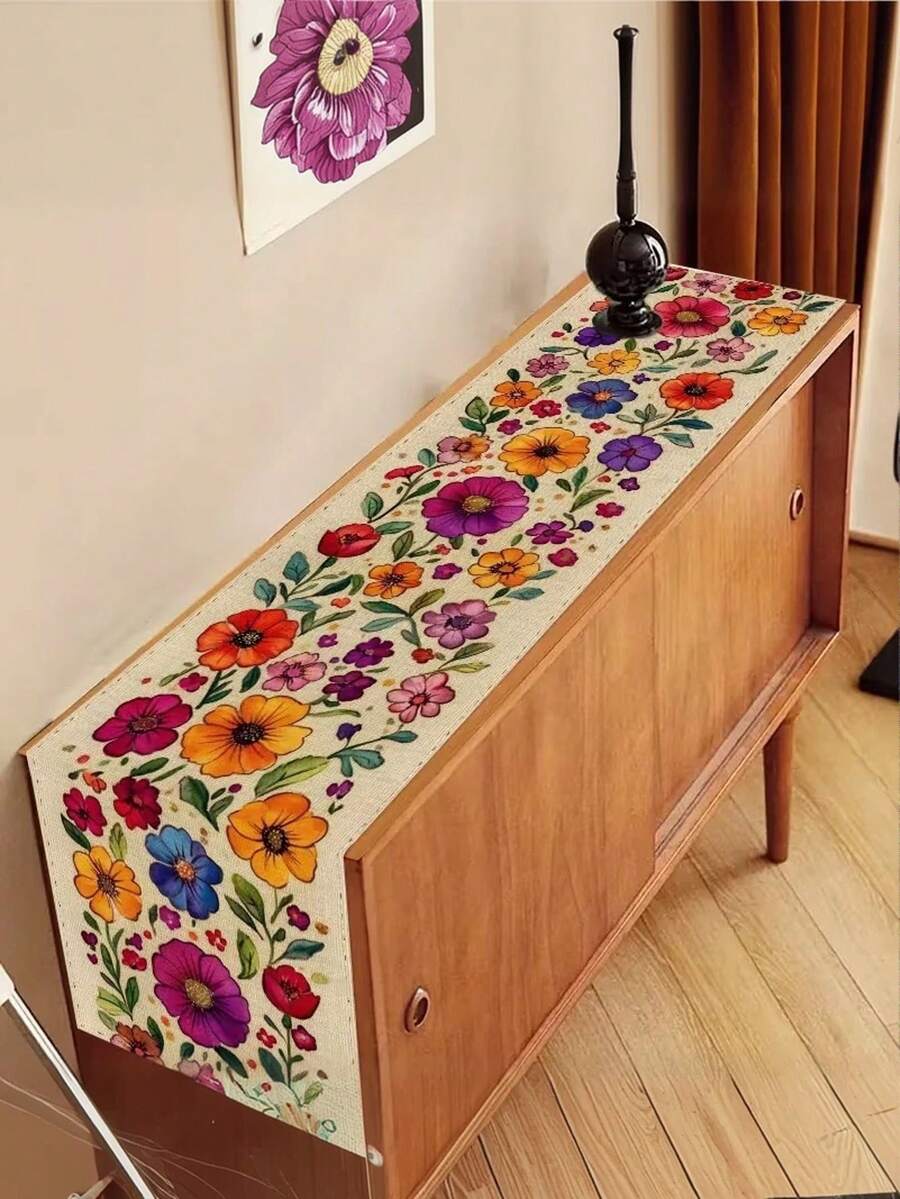 1pc Spring Floral Table Runner - Multicolor Beige And Poppy Daisy Violet Clover - Durable Polyester Fabric Easy Clean Tablecloth Suitable For Kitchen, Dining Room, Office, Coffee Table - Red - View 1