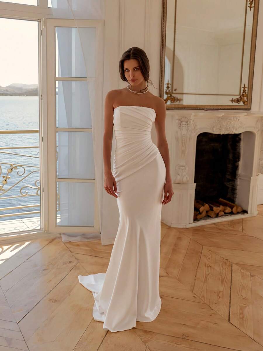 Elegant Strapless Satin Mermaid Wedding Dress With Ruched Detail & Lace Top, 2-Piece Set, Wedding Dresses For Bride, Elegant And Comfortable, Includes Plus Sizes, Bridal Gown, Formal Dresses For Women, Suitable For Wedding, Party, After-Party Dress, Cocktail Party, Bride, Party Dress, Formal Occasions, Dinner Dress, Prom Dress, Birthday Party, Celebration, Gala, Festival, Ceremony, Graduation, Homecoming Dress, Vacation, White - 白色 - 查看 1