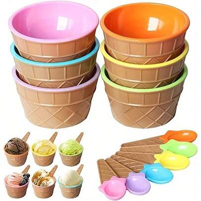 2pcs/Set (1 Bowl And 1 Spoon) Creative Ice Cream Bowl Set, With Stable Base And Spoon | Random Color (Pink, Blue, Yellow, Green, Orange, Brown) - Suitable For Desserts, Puddings, Italian Ice Cream, Regular Ice Cream - Reusable Party Tableware