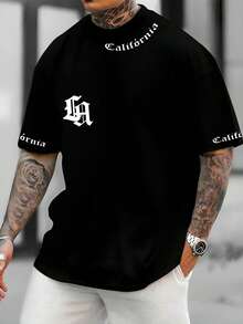 Unisex California Tour Letter Print T-Shirt With Sleeves, Casual Style, 100% Premium Cotton - 黑色 - 查看 1