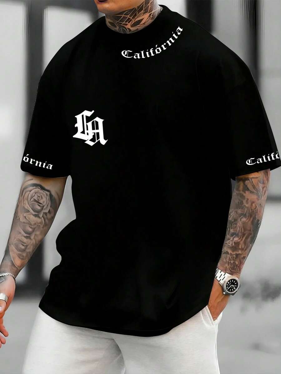 Unisex California Tour Letter Print T-Shirt With Sleeves, Casual Style, 100% Premium Cotton - 黑色 - 查看 1
